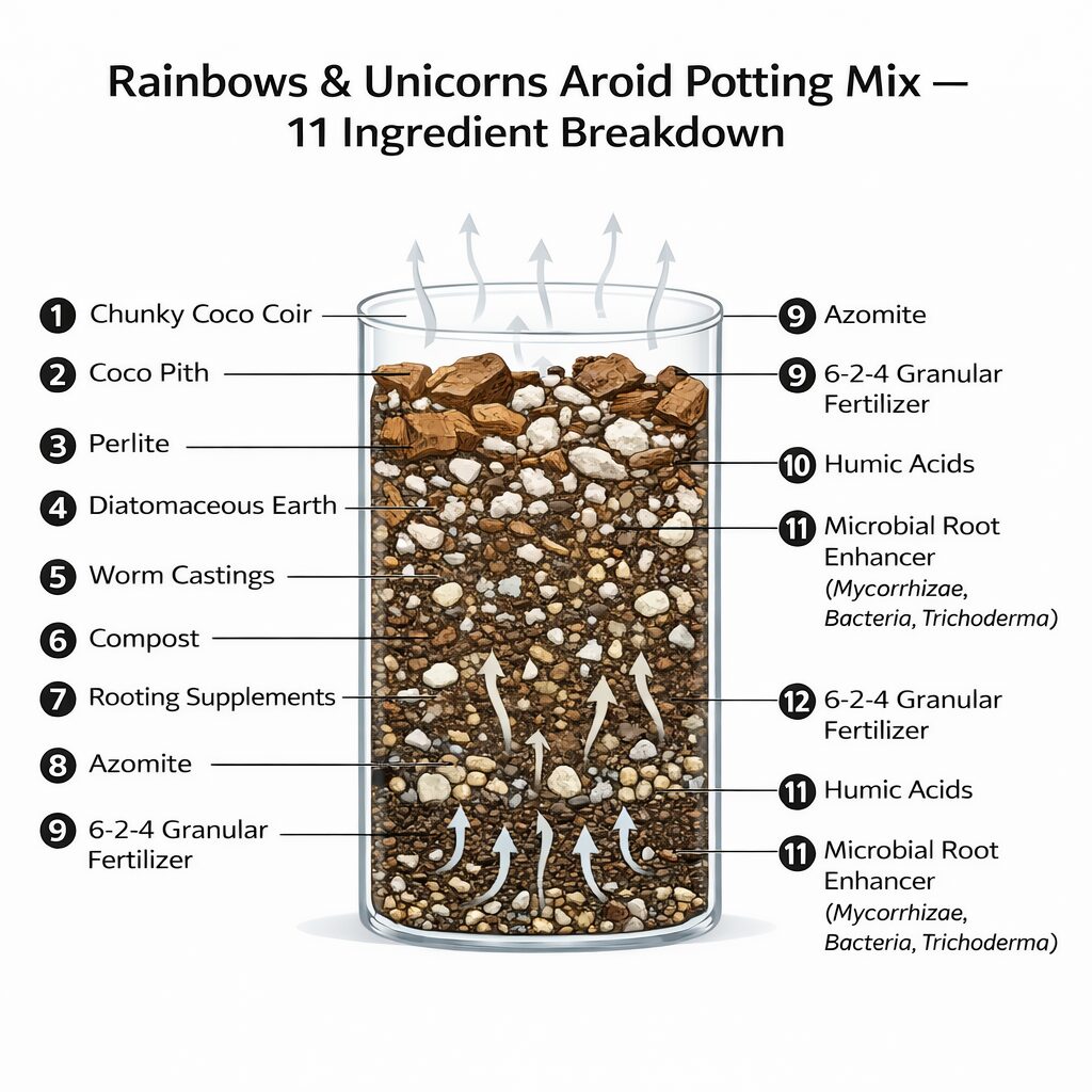 Structured aroid substrate ingredient breakdown including coco coir, perlite, compost, minerals and microbial enhancers