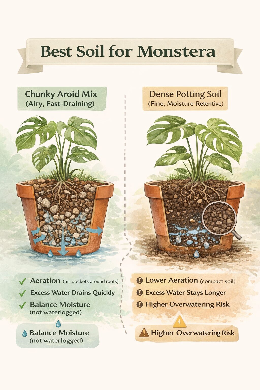 Diagram comparing chunky aroid mix versus dense potting soil for Monstera root aeration and drainage