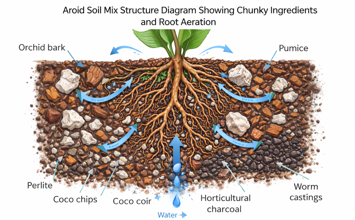 diagram showing chunky aroid soil mix structure with airflow pockets and drainage around plant roots