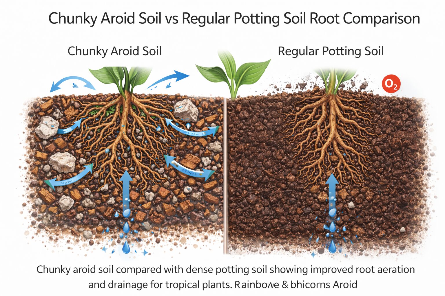 Chunky aroid soil compared with dense potting soil showing improved root aeration and drainage for tropical plants
