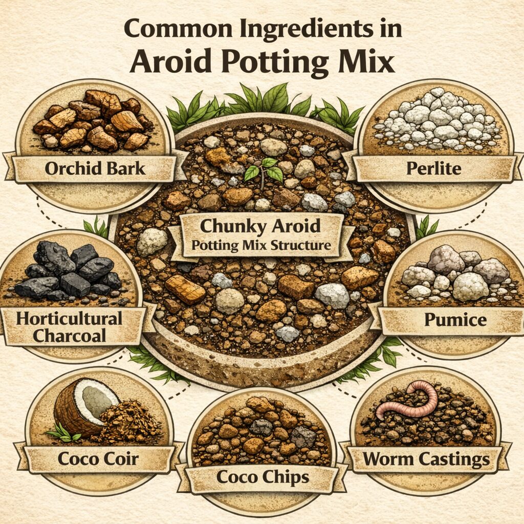 Common ingredients in chunky aroid potting mix including orchid bark perlite pumice coco coir and worm castings