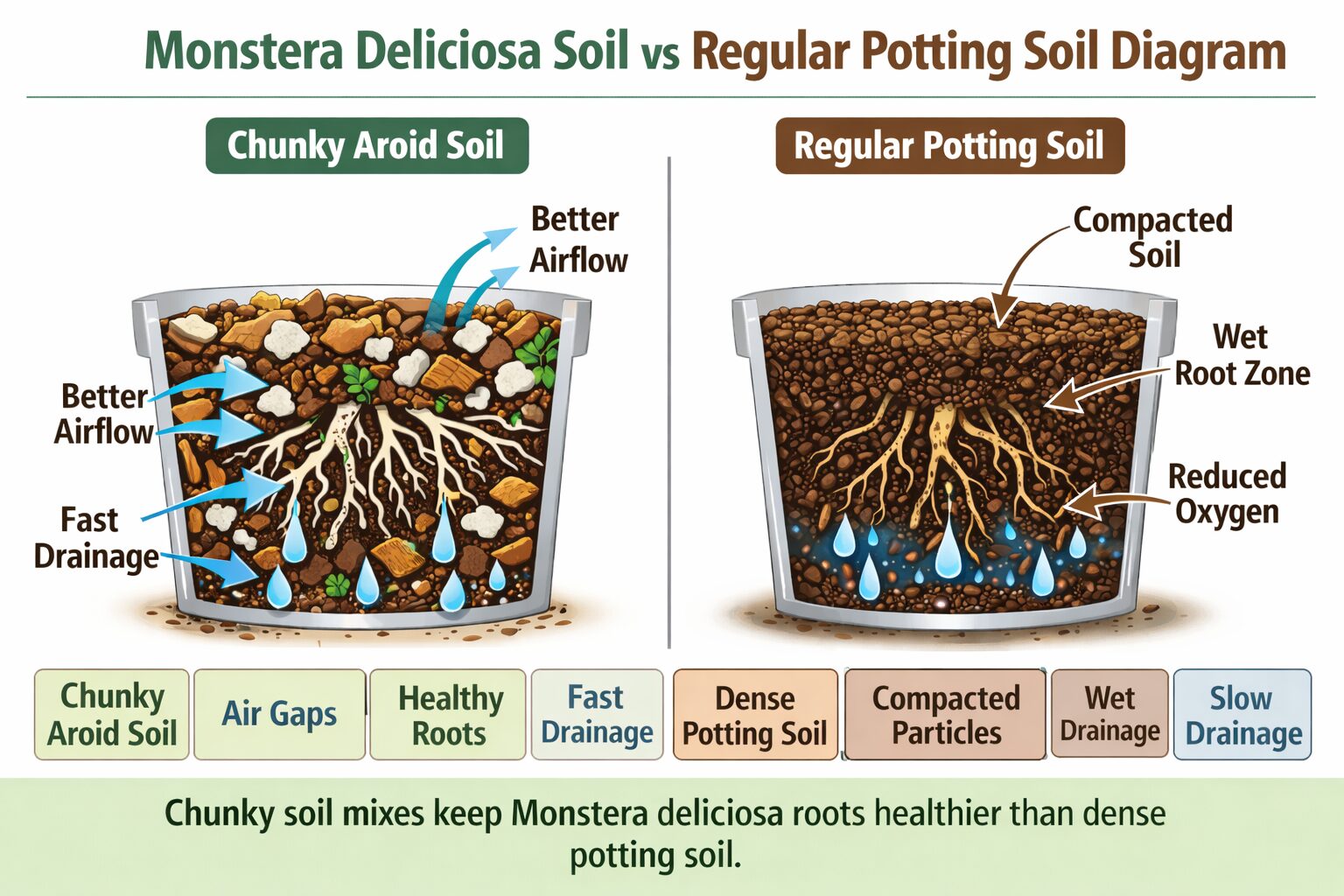 comparison diagram of chunky monstera deliciosa soil versus dense potting soil showing airflow drainage and root health differences