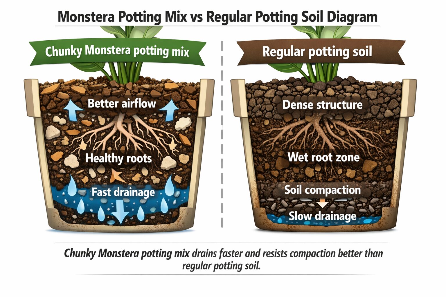 comparison diagram of chunky monstera potting mix versus regular potting soil showing drainage and compaction differences