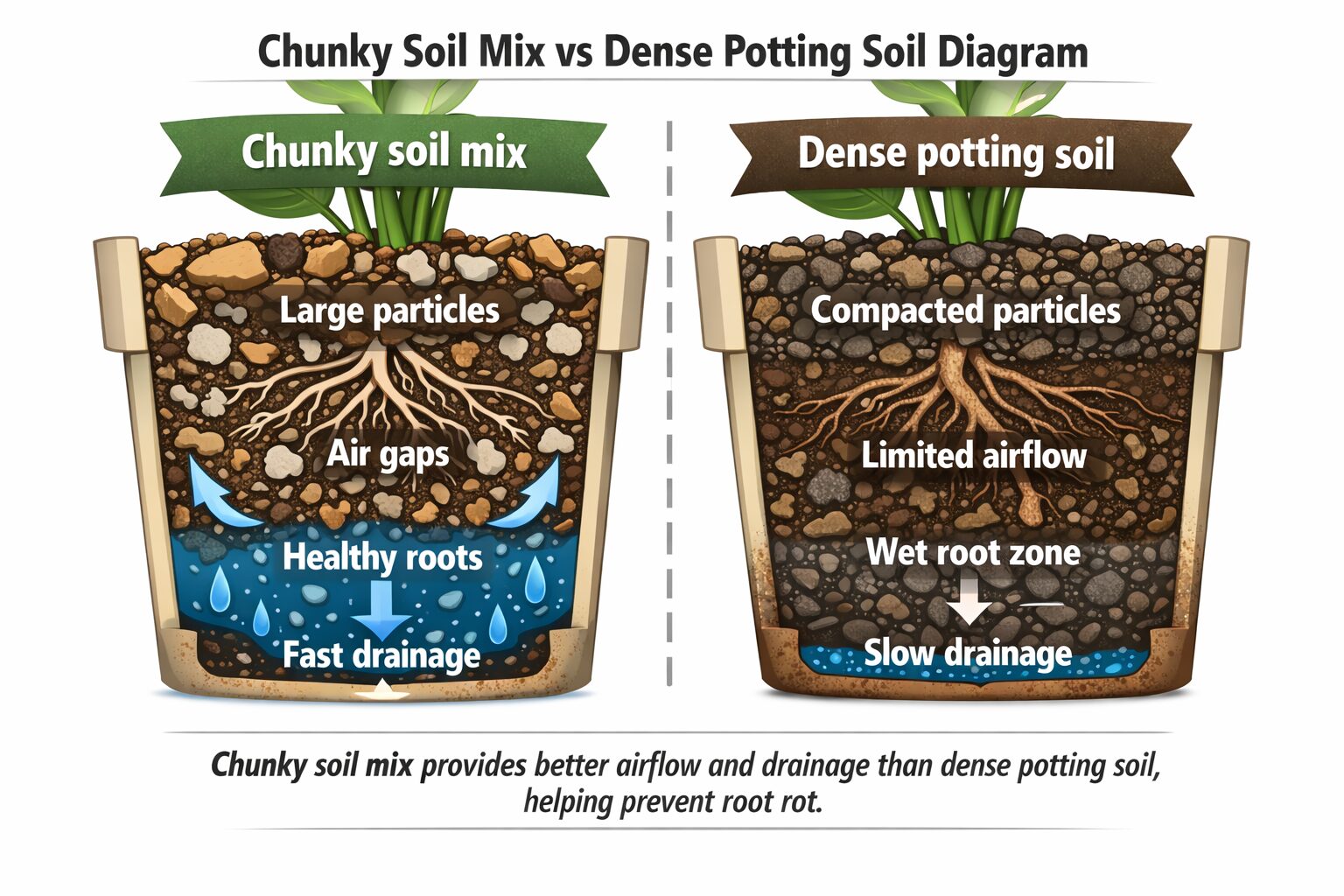 comparison diagram of chunky soil mix versus dense potting soil showing airflow drainage and root health differences