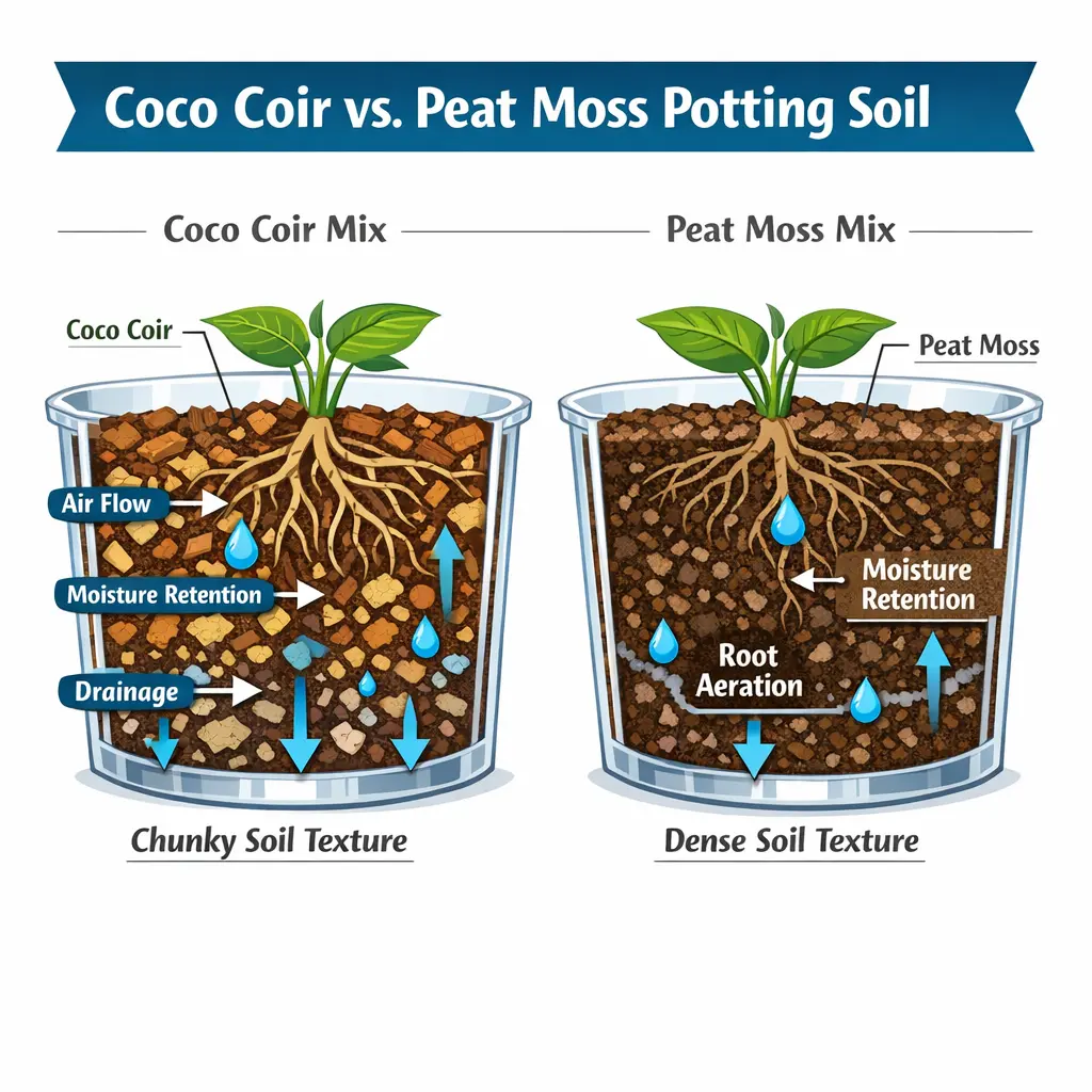 comparison diagram showing coco coir and peat moss in potting soil and how each affects moisture retention drainage and root aeration
