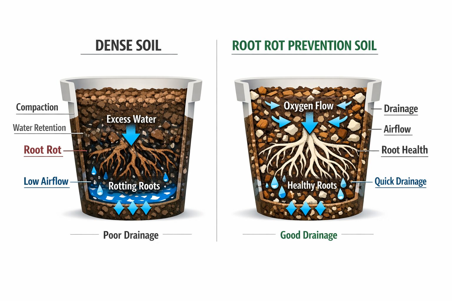 diagram comparing dense soil causing root rot and soil that prevents root rot with better drainage