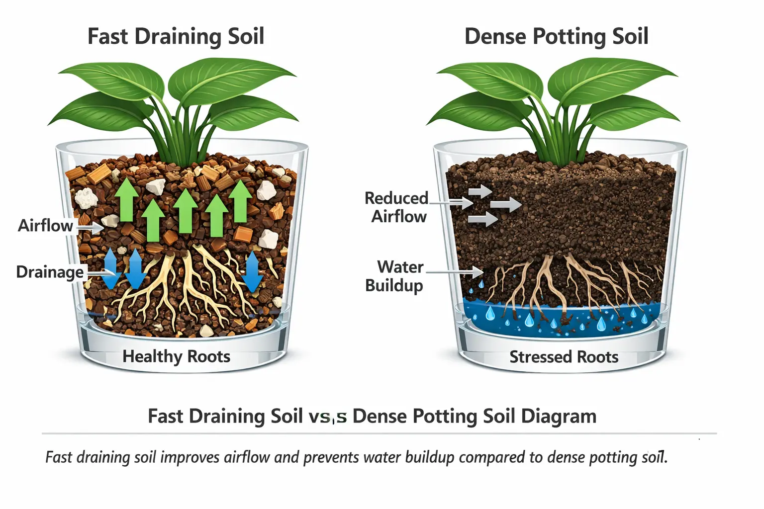 diagram comparing fast draining soil and dense potting soil showing airflow drainage and root health differences in plant roots