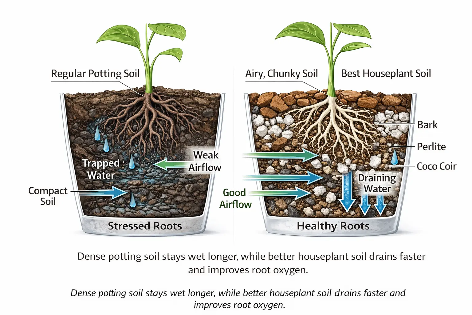 diagram comparing regular dense potting soil and best fast draining houseplant soil for indoor plant roots