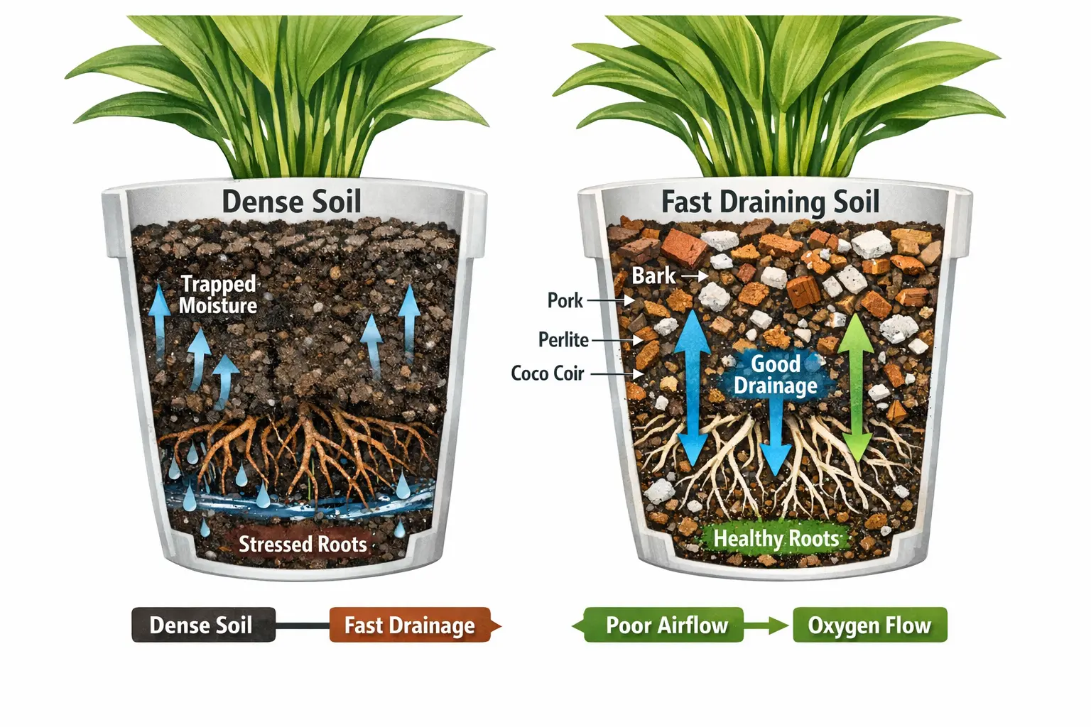 diagram comparing regular potting soil and fast draining potting soil for houseplant root health
