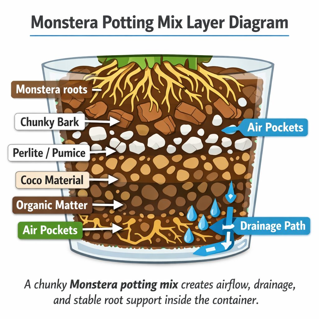 diagram of monstera potting mix showing chunky particles airflow drainage and root support in a clear pot