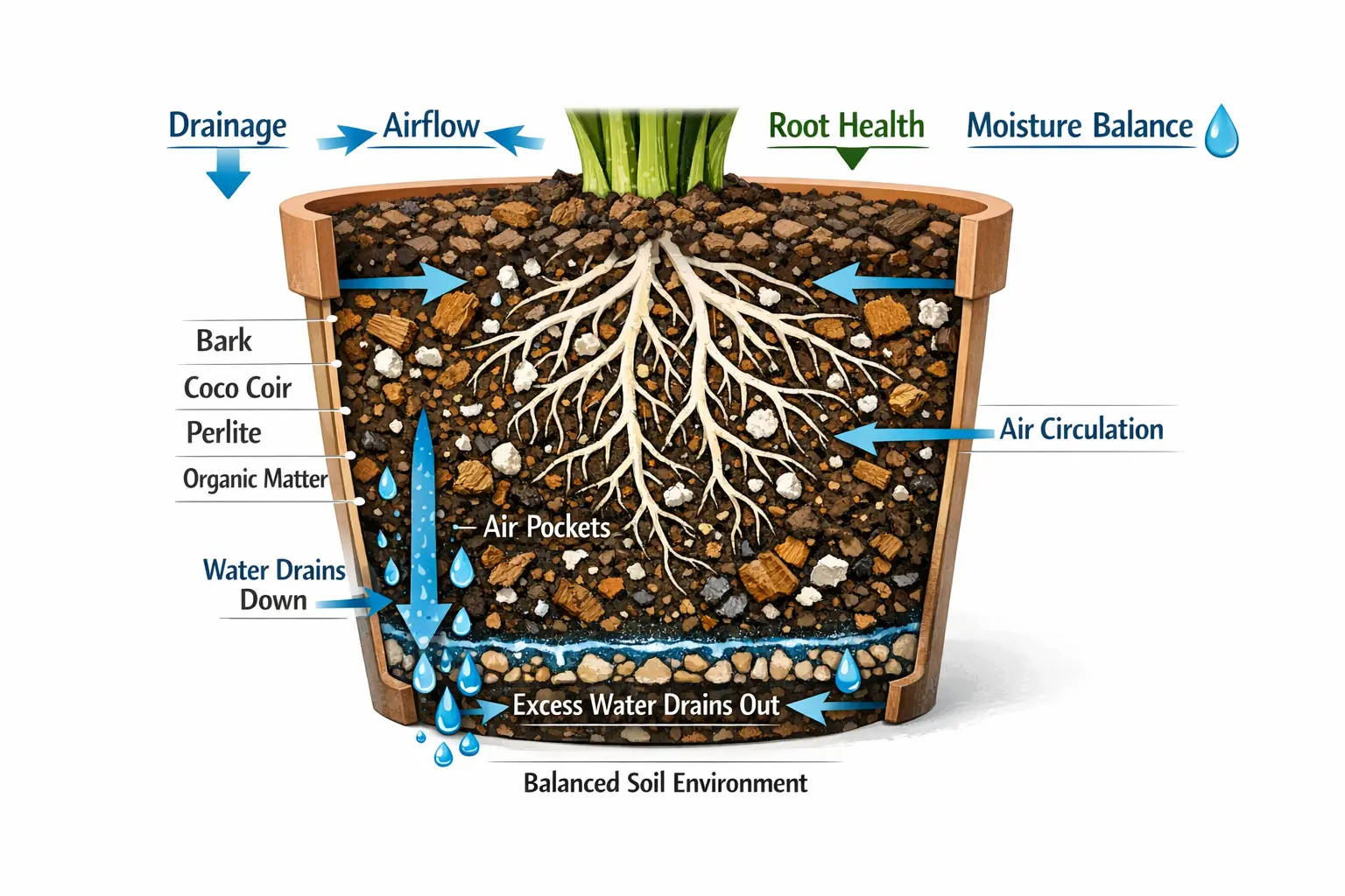 diagram showing best soil for houseplants with chunky fast draining structure airflow and healthy roots