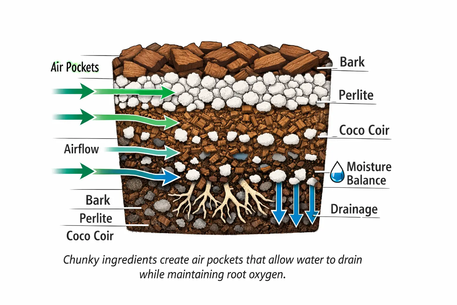 diagram showing chunky potting mix structure with bark perlite and coco coir creating airflow and fast drainage