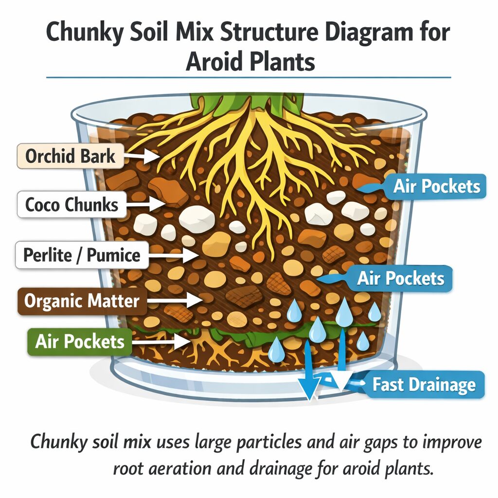 diagram showing chunky soil mix structure with bark perlite coco chunks air pockets and healthy roots in a clear pot