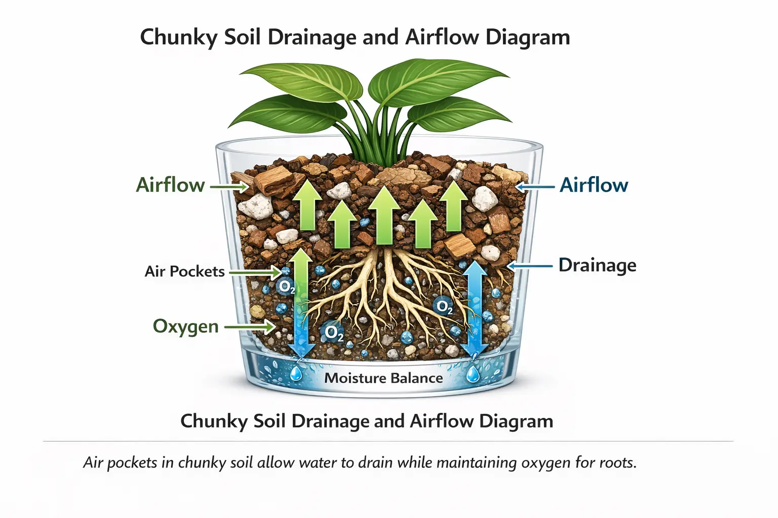 diagram showing chunky soil structure with airflow and drainage preventing root rot and improving root oxygen