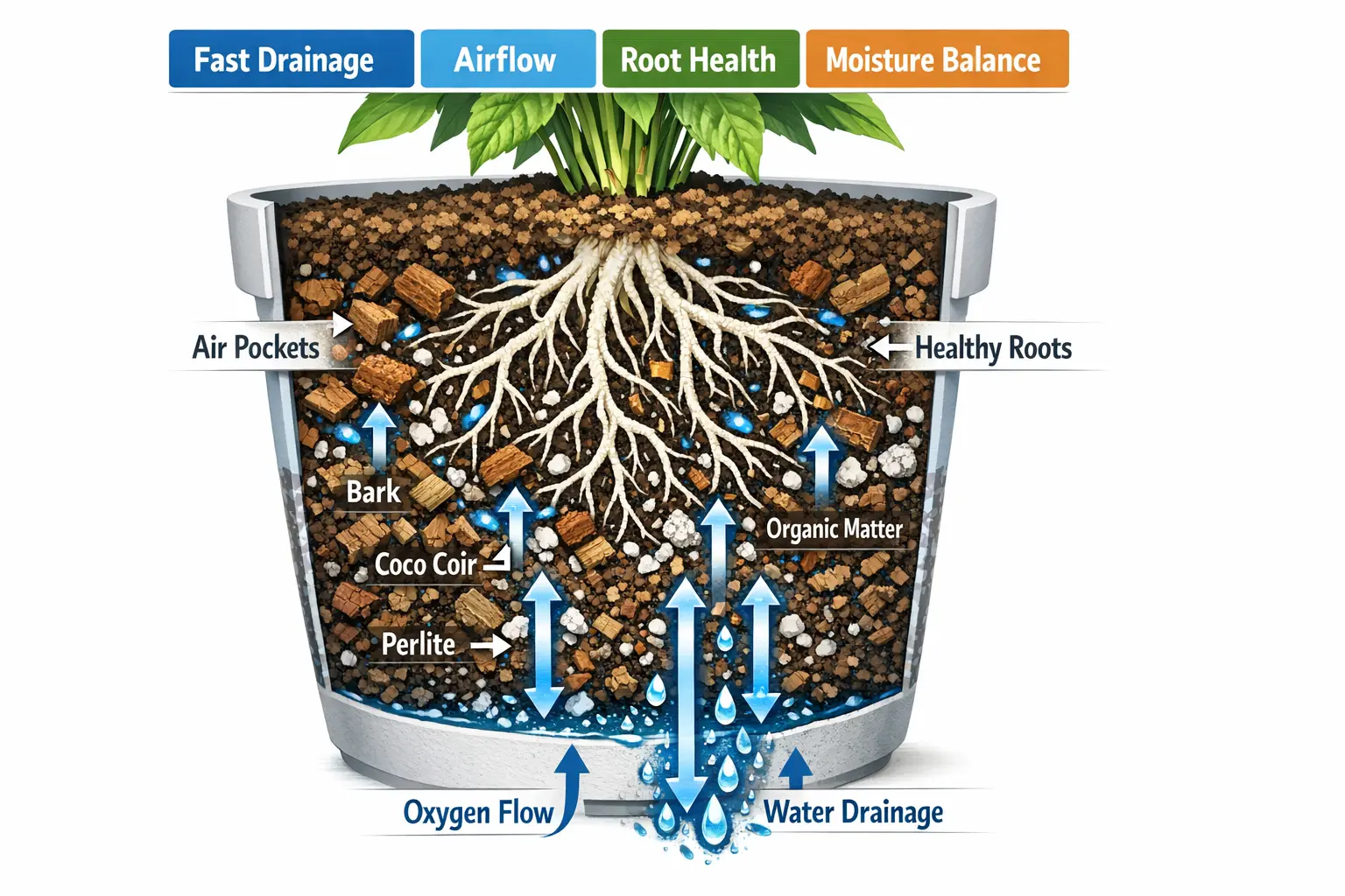 diagram showing fast draining potting soil structure with airflow drainage and healthy roots