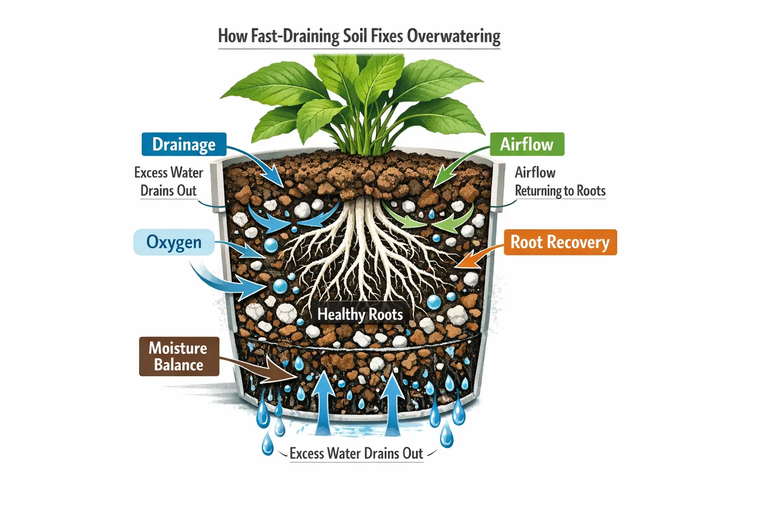 diagram showing fast draining soil helping overwatered plant roots recover with airflow and drainage