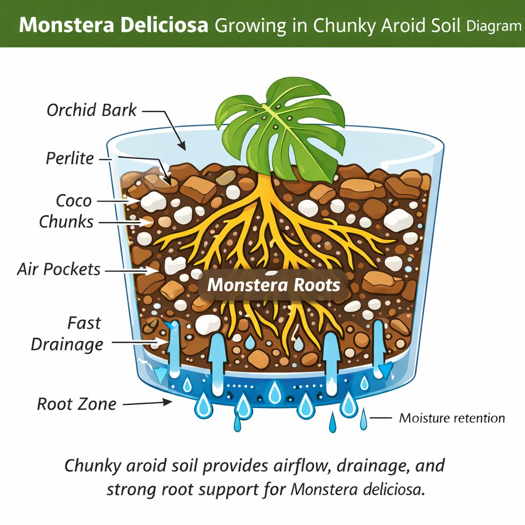 diagram showing monstera deliciosa roots growing in chunky aroid soil with bark perlite coco chunks and air pockets