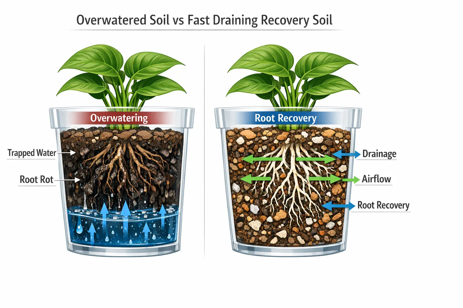 diagram showing overwatered soil vs fast draining soil helping plant root recovery