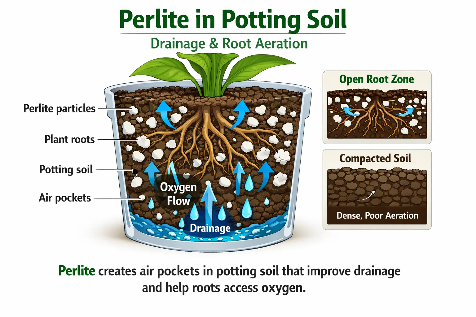 diagram showing perlite in potting soil improving drainage air pockets and root aeration for houseplants