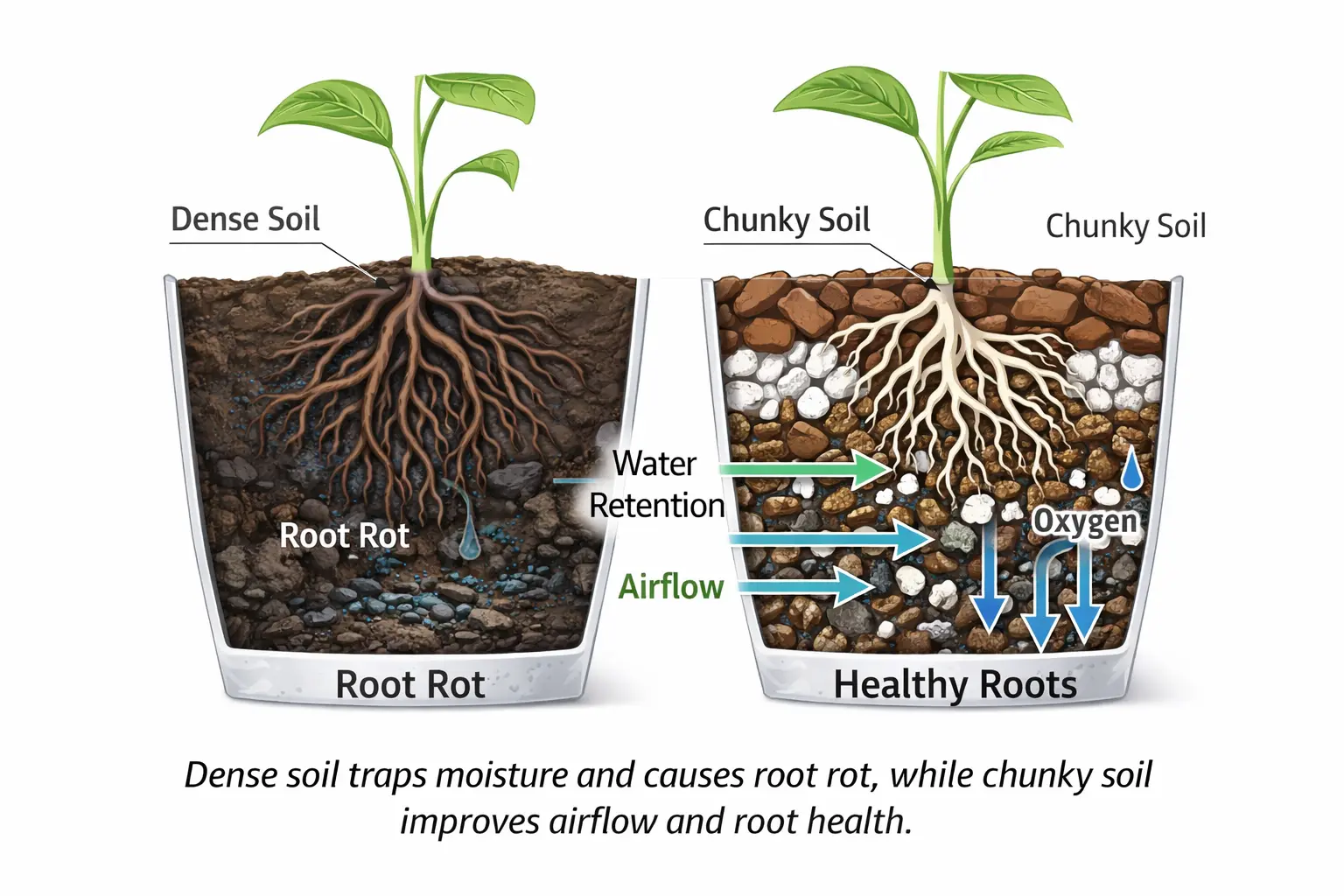 diagram showing root rot in dense soil vs healthy roots in chunky fast draining soil with airflow and drainage
