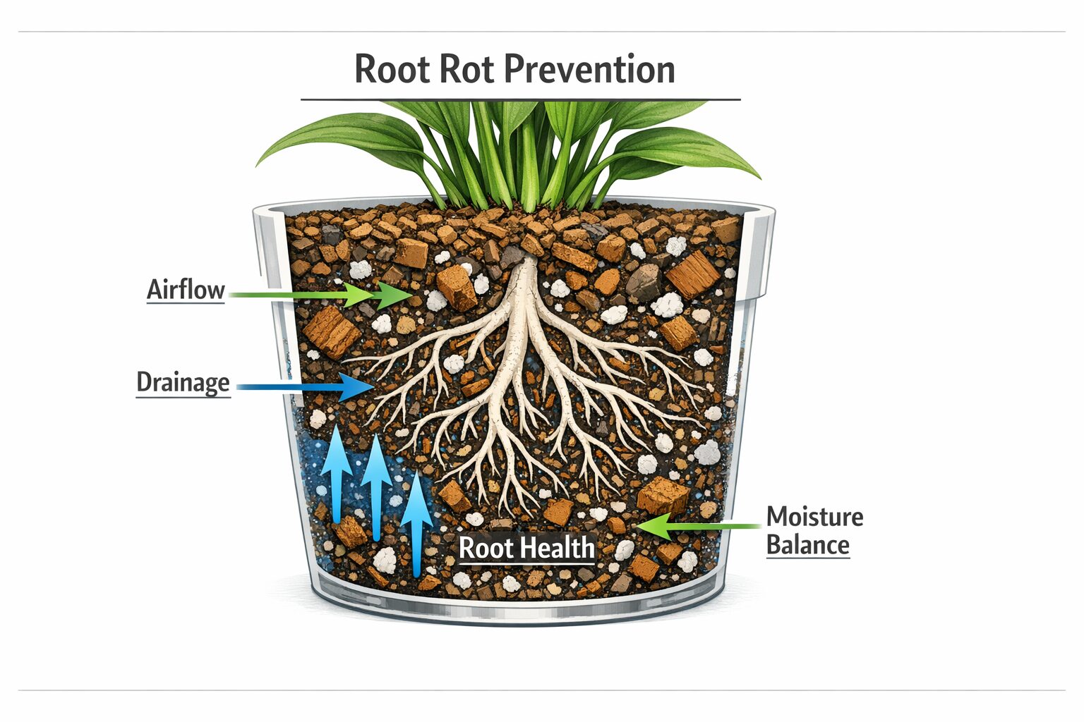 diagram showing soil that prevents root rot with airflow drainage and healthy roots