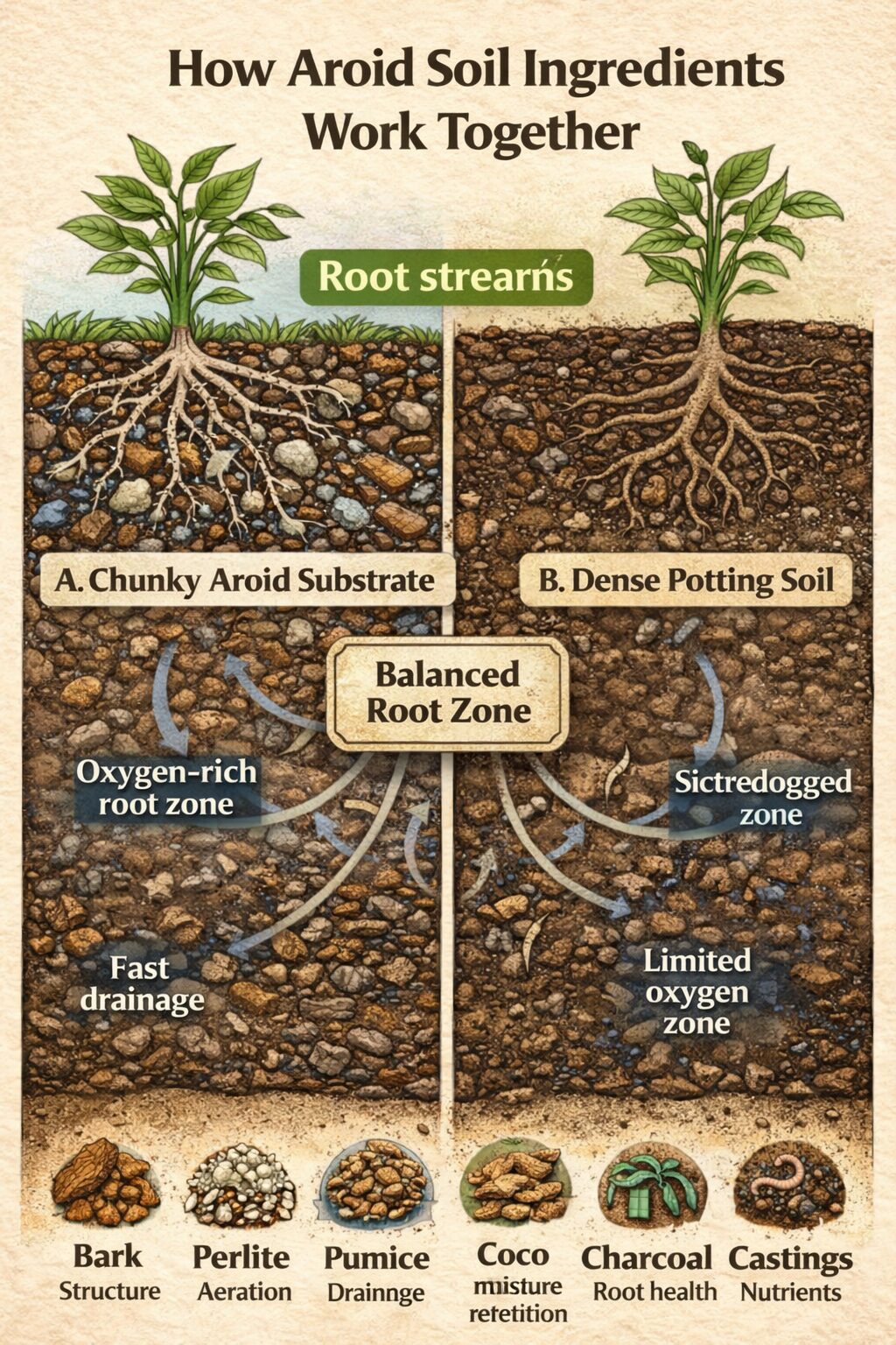 How aroid soil ingredients work together showing root aeration drainage and oxygen flow compared to dense potting soil