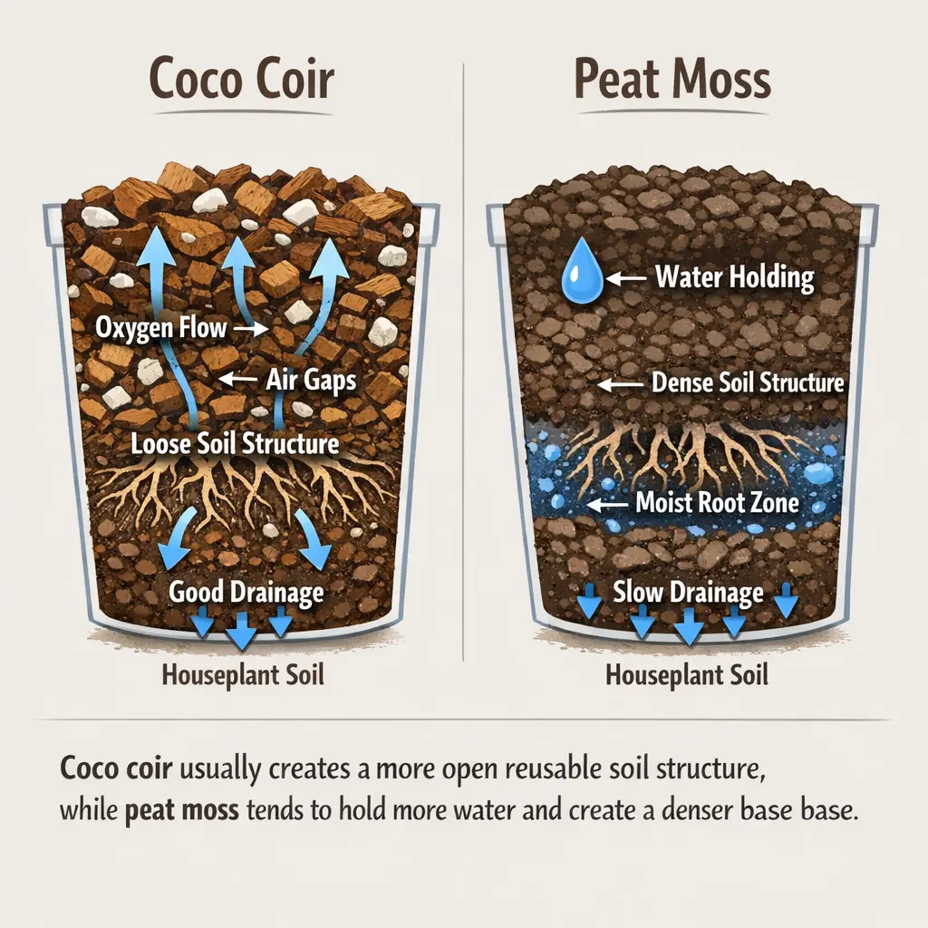 infographic showing how coco coir and peat moss affect drainage moisture balance and soil structure in houseplant potting mixes