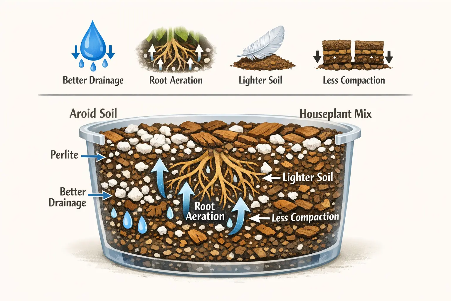 infographic showing the benefits of perlite in aroid soil including drainage aeration lighter soil structure and reduced compaction