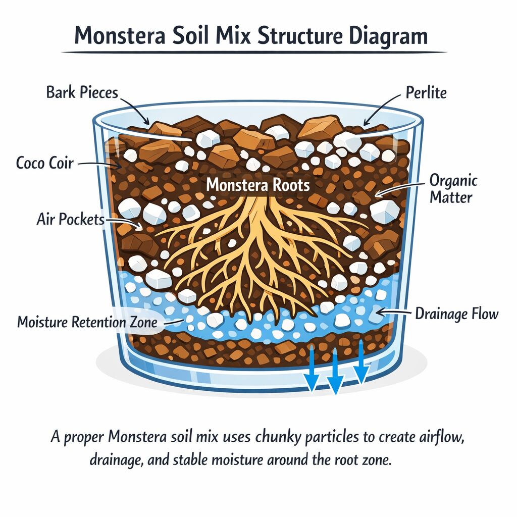 diagram showing chunky monstera soil mix structure with bark perlite coco material and air pockets around roots