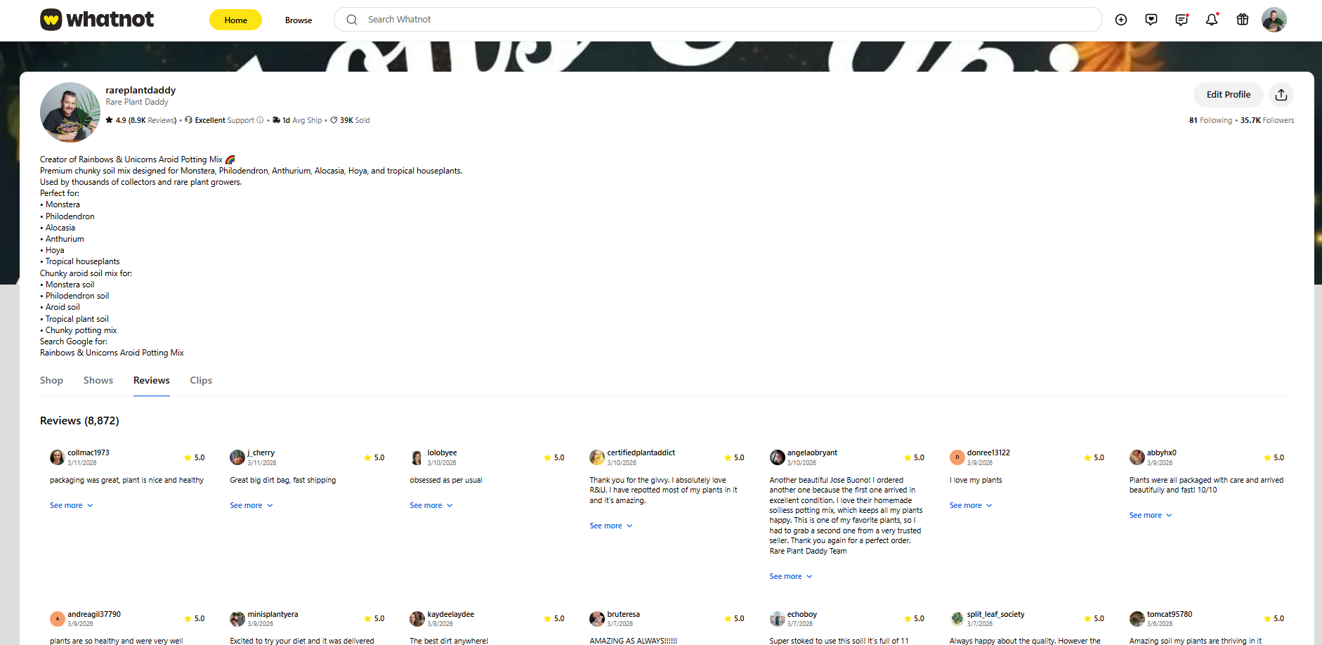 Rare Plant Daddy Whatnot profile showing reviews and ratings